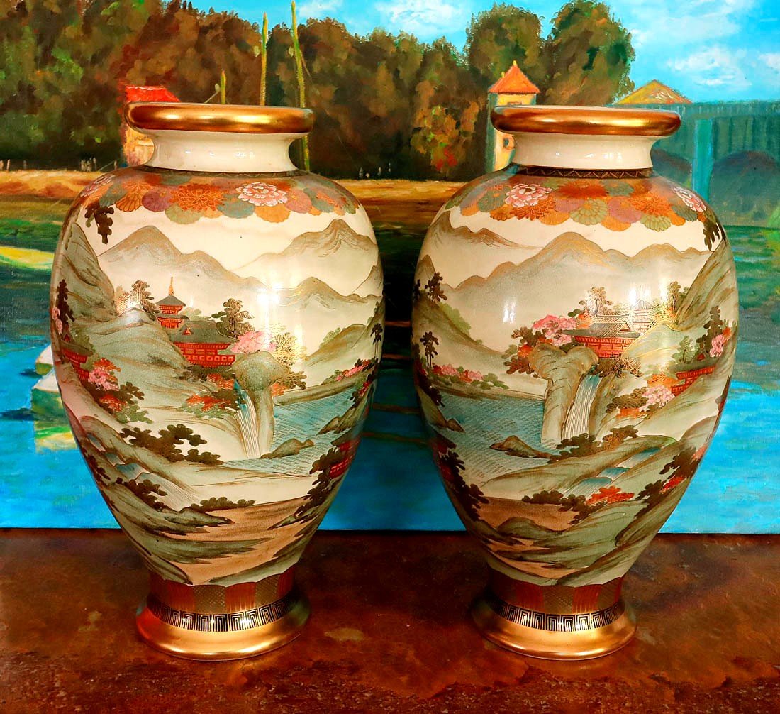 Pair Of Satsuma Porcelain Vases, Japan Late 19th Early 20th-photo-3