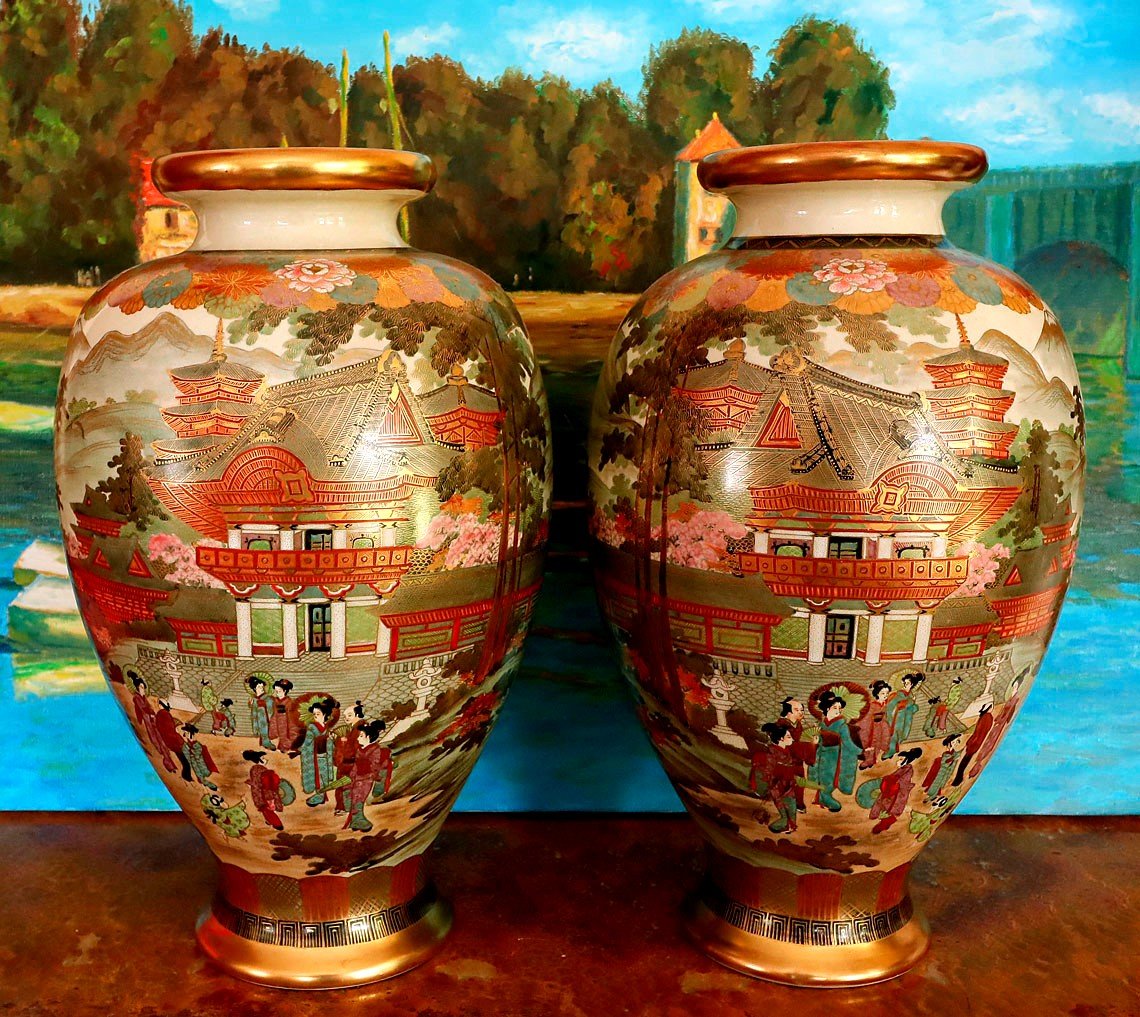 Pair Of Satsuma Porcelain Vases, Japan Late 19th Early 20th