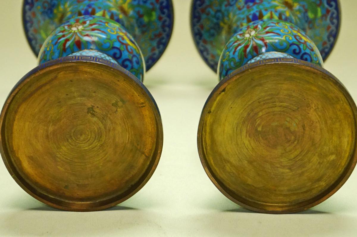 Vases Pair Of Cloisonne Enamel Gu 19th China-photo-2