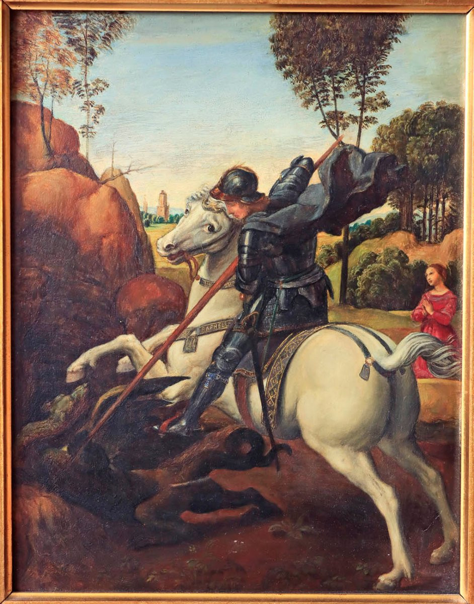 huile sur panneau " St georges terrassant le dragon" d'après Raphaël-photo-3