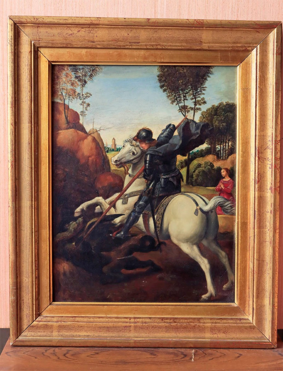 huile sur panneau " St georges terrassant le dragon" d'après Raphaël