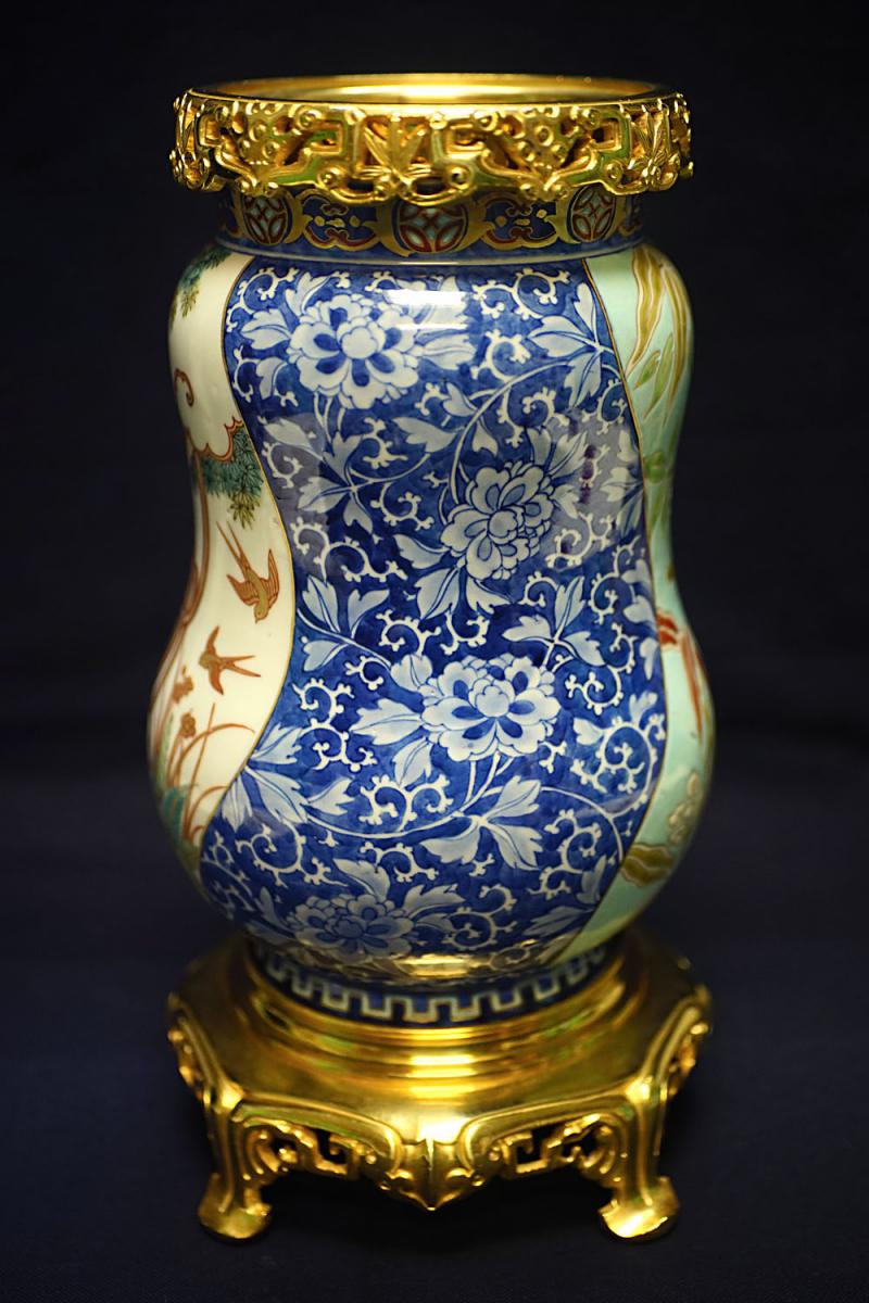 Vase En Porcelaine De Fukagawa Japon Monture Bronze Doré-photo-3