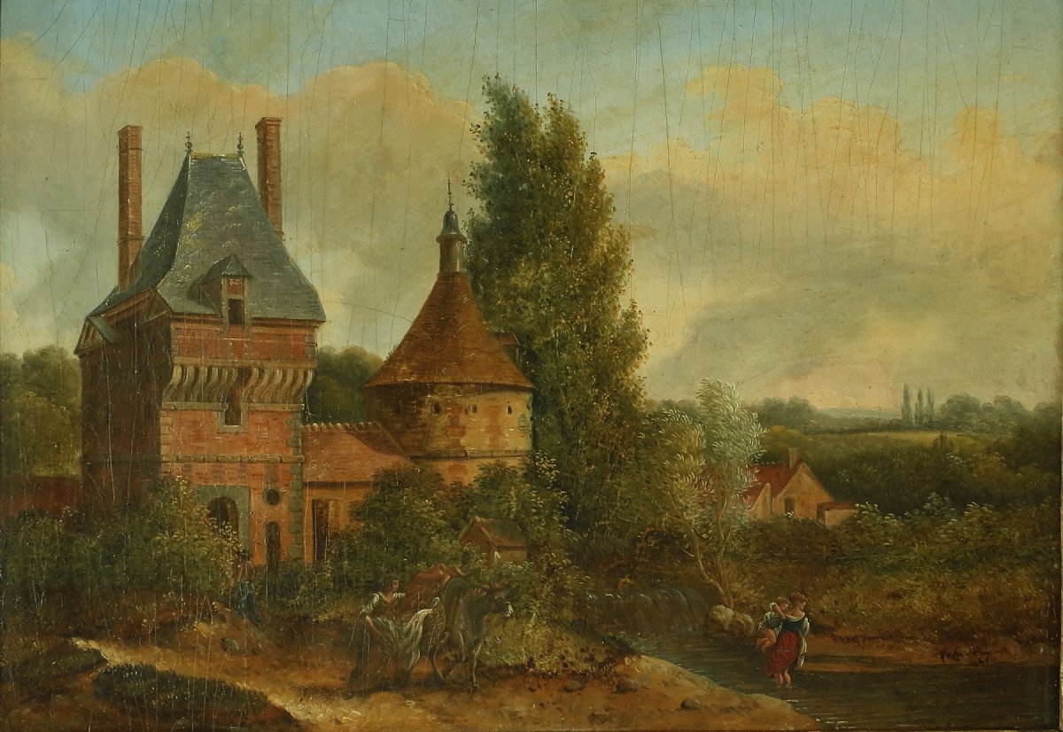 Animated Landscape In The Castle Oil On Panel End 18th Early 19th-photo-1