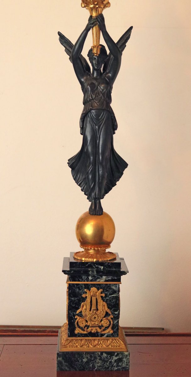 Grande Lampe Statue à Pétrole En Bronze Doré Et Marbre Vert De Mer Napoléon lll-photo-4