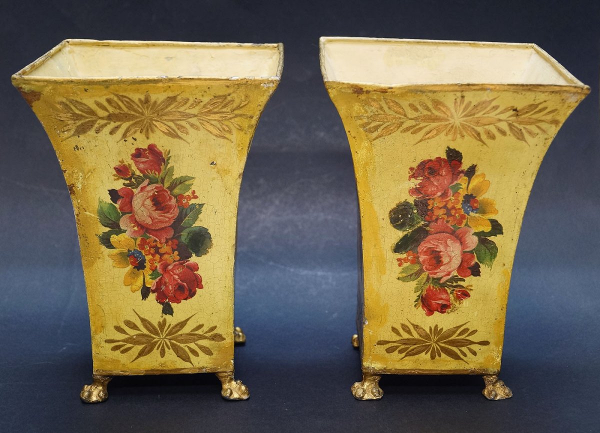 Pair Of Flower Pot In Iron Plate Painted Flower Bouquets Directoire Period-photo-3