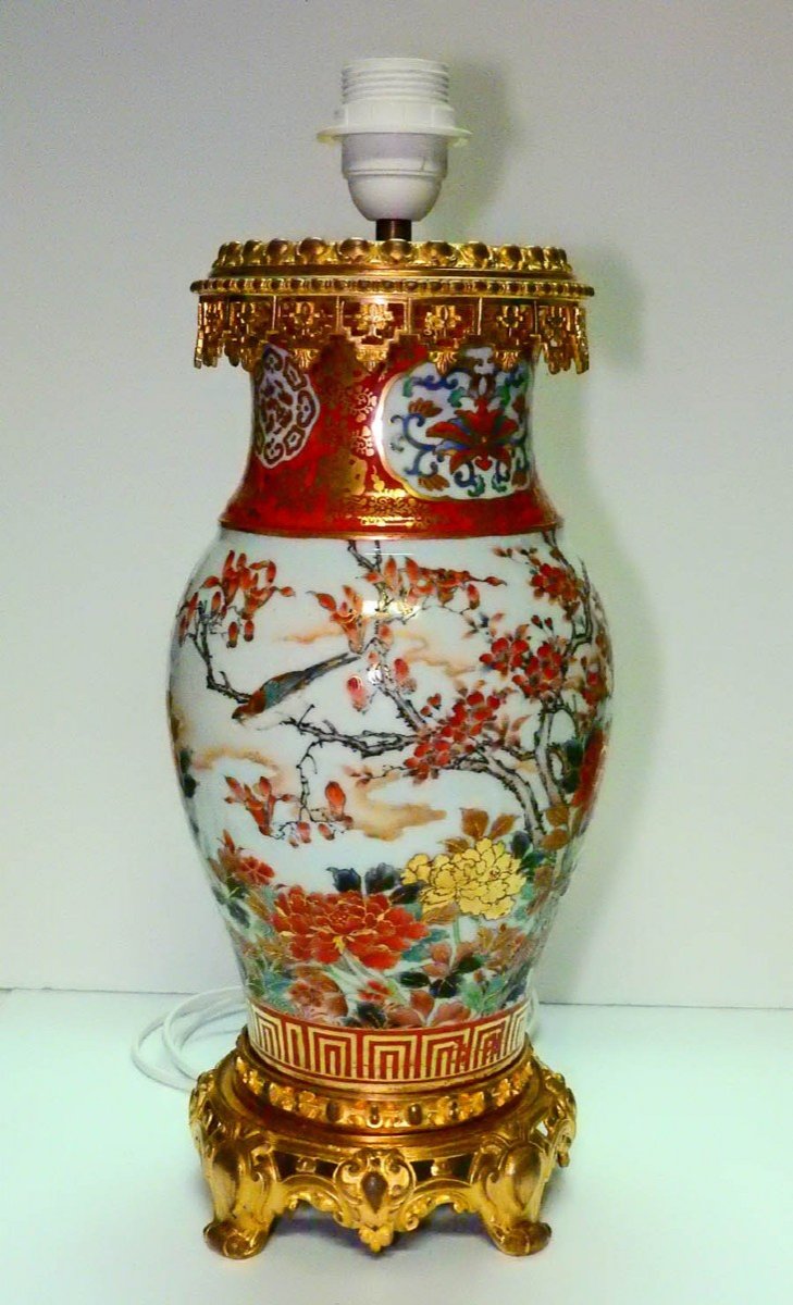 Kutani Porcelain Oil Lamp Mounted In Lamp Late 19th-photo-2