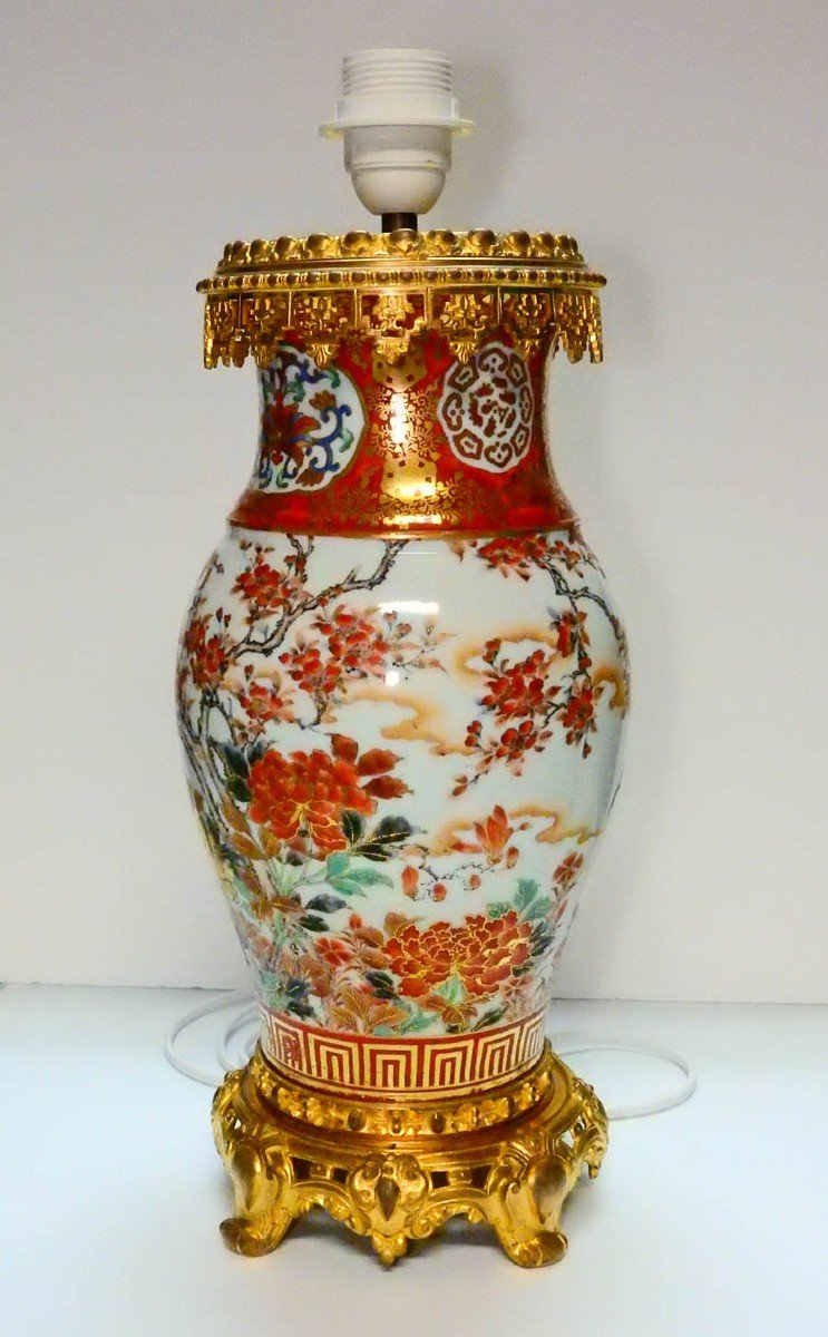 Kutani Porcelain Oil Lamp Mounted In Lamp Late 19th-photo-3