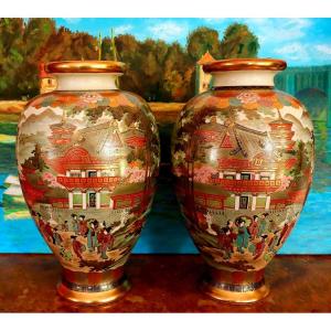 Pair Of Satsuma Porcelain Vases, Japan Late 19th Early 20th