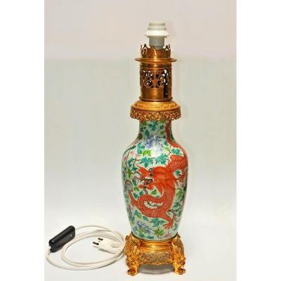 Chinese Porcelain Oil Lamp Mounted In Electric Lamp, Late 19th