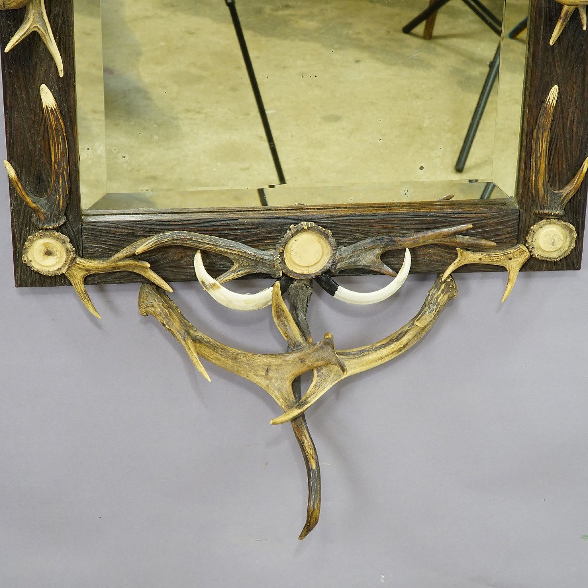 Grand Miroir Antique Avec Décorations Rustiques En Bois De Cerf-photo-2