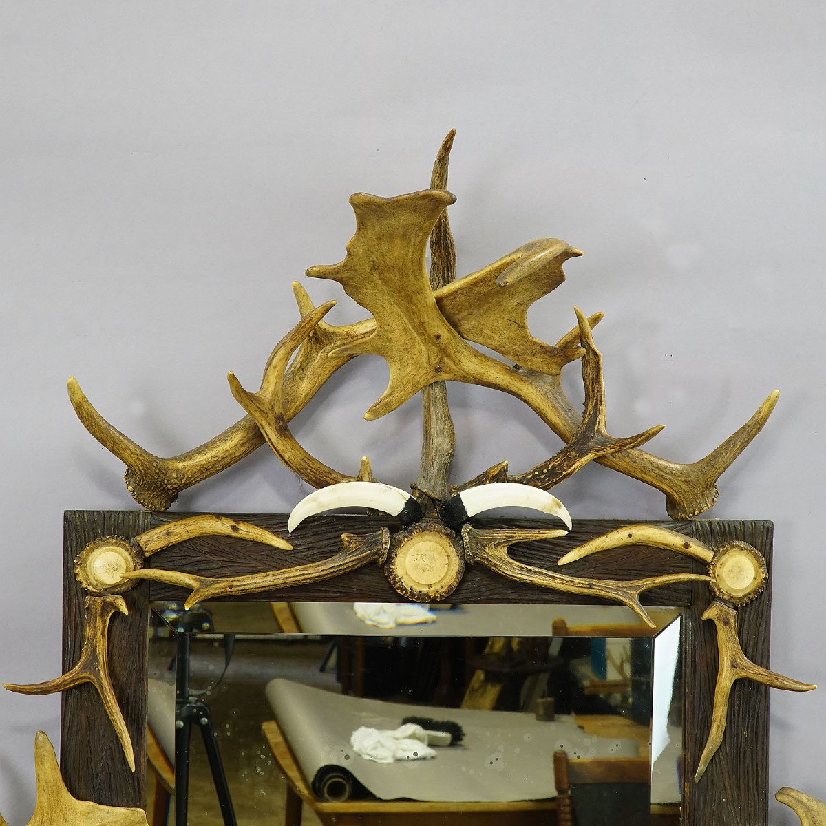 Grand Miroir Antique Avec Décorations Rustiques En Bois De Cerf-photo-4