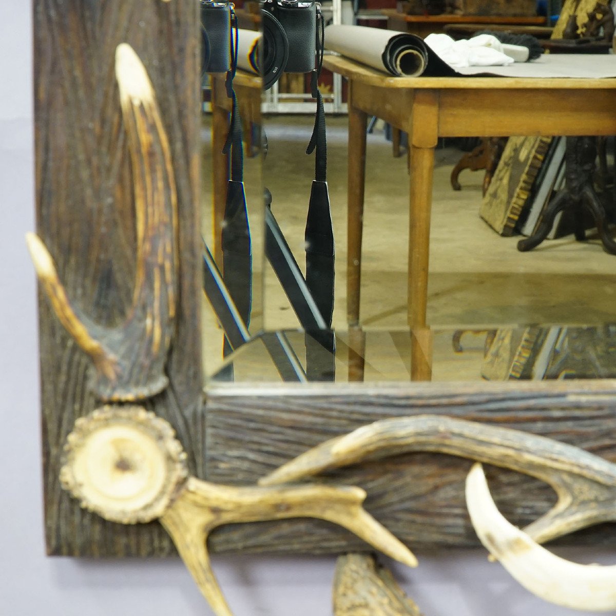 Grand Miroir Antique Avec Décorations Rustiques En Bois De Cerf-photo-2