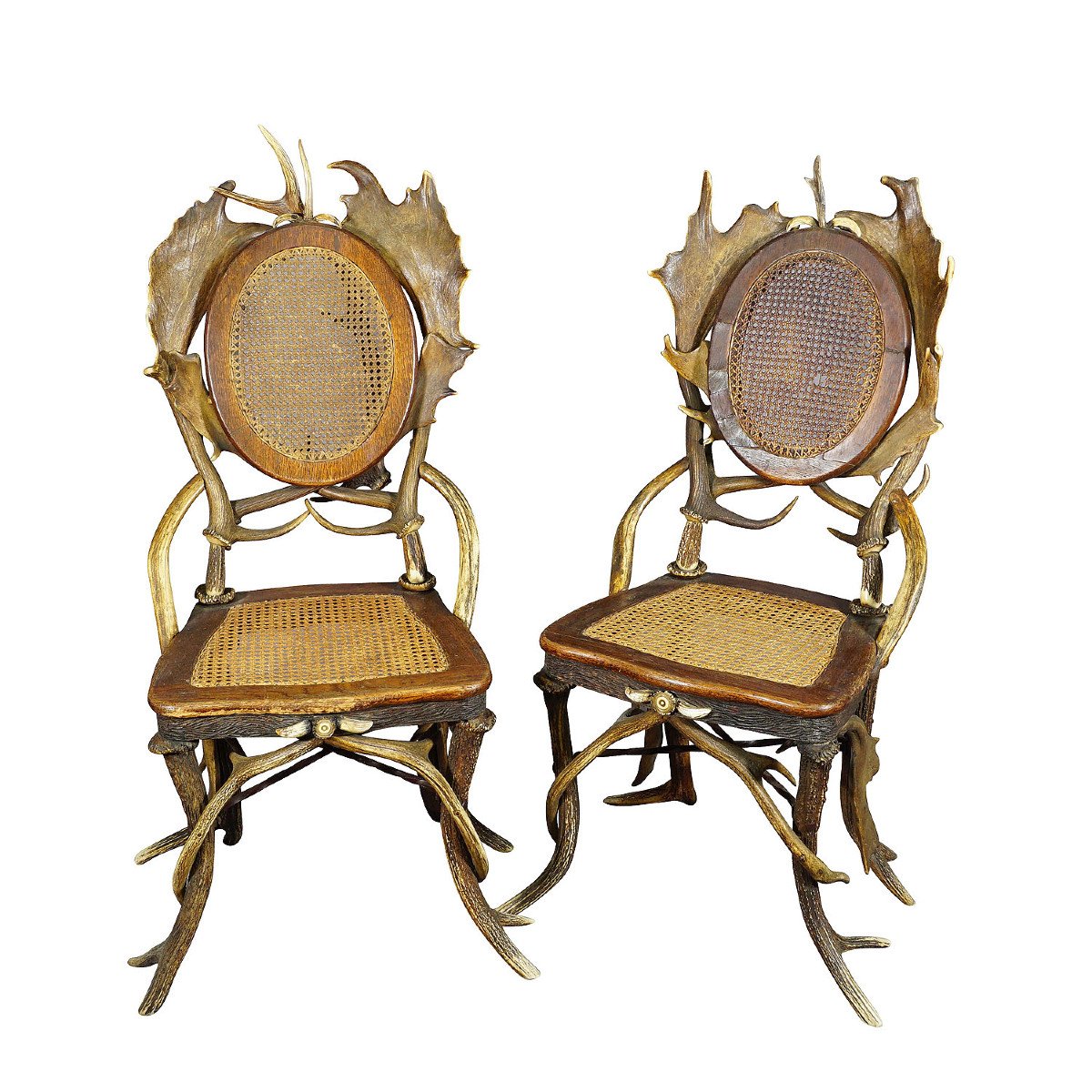 Pair Of Rustic Deer Antler Dining Chairs, Germany Ca. 1900
