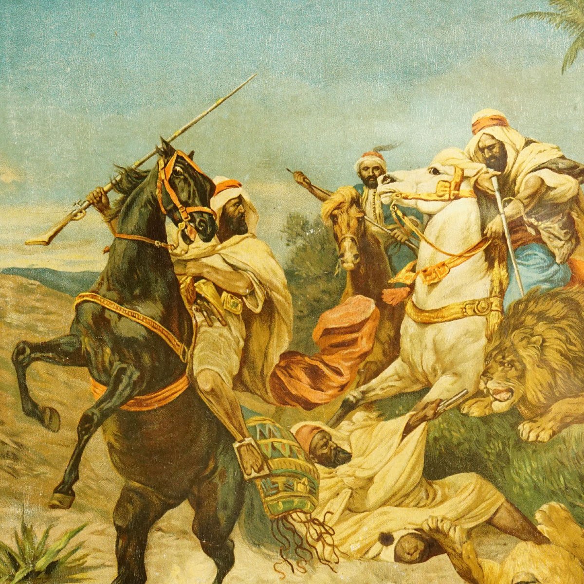 Antique Oil Print With Dramatic Lion Hunting Scene In Arabia 19th Century-photo-2