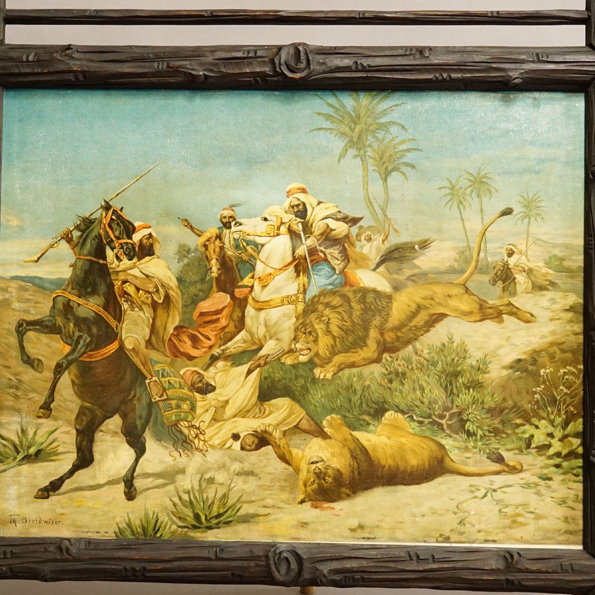 Antique Oil Print With Dramatic Lion Hunting Scene In Arabia 19th Century-photo-4