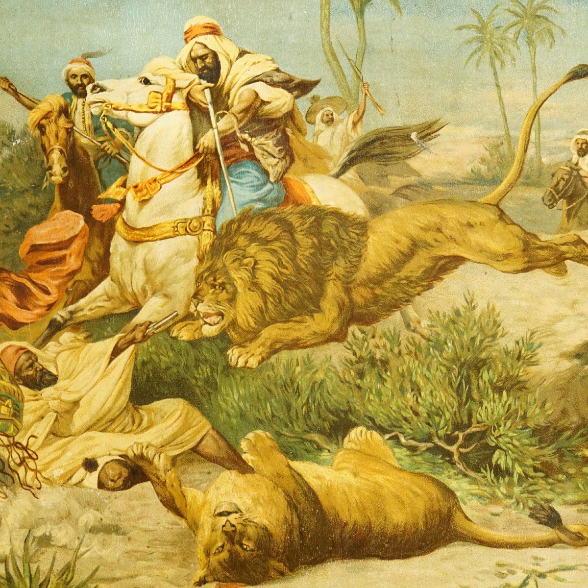 Gravure à l'Huile Ancienne Représentant Une Scène Dramatique De Chasse Au Lion En Arabie -photo-3
