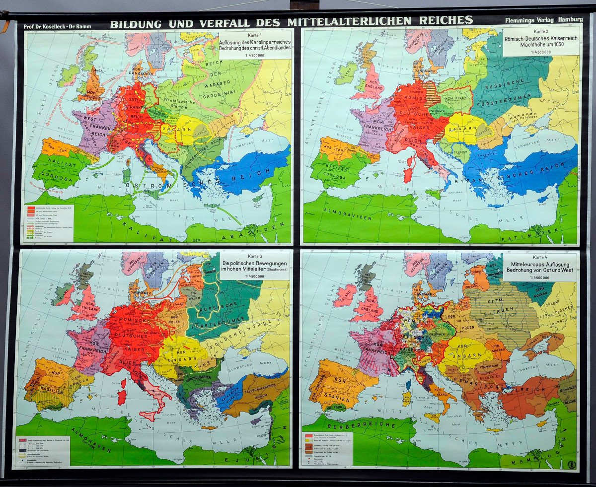 Carte Murale Vintage Enroulable Tableau Mural d'Histoire De l'Europe Déclin Du Moyen-âge