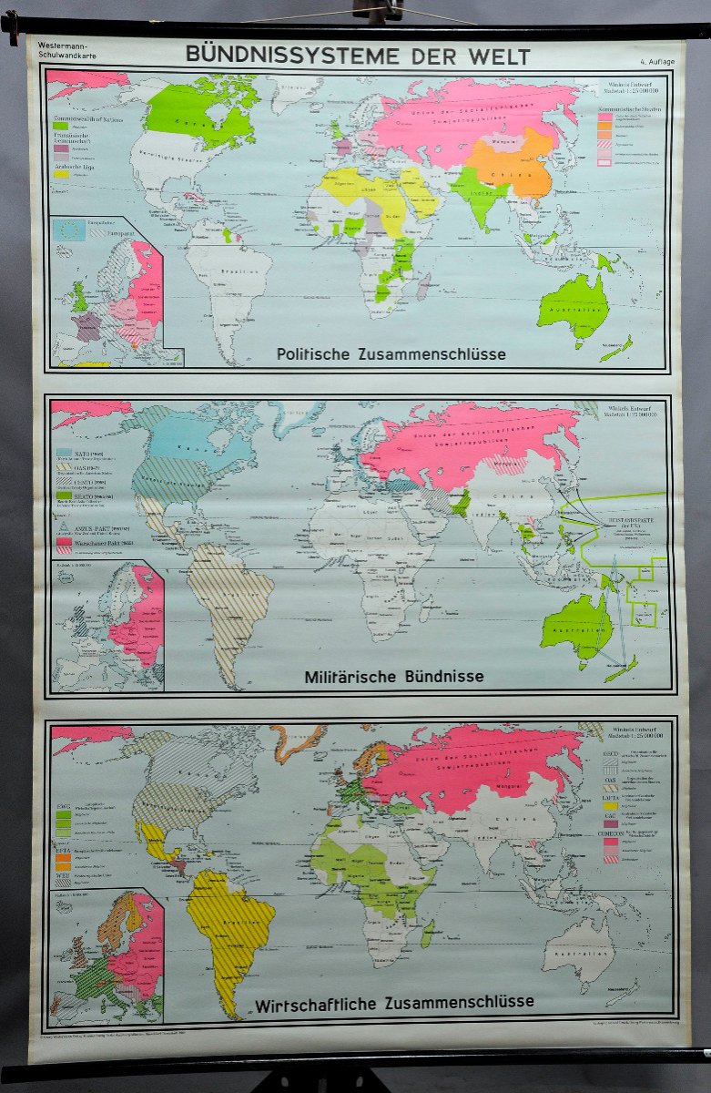 Vintage Wall Map Of The World Politics Military Economy Alliance Systems