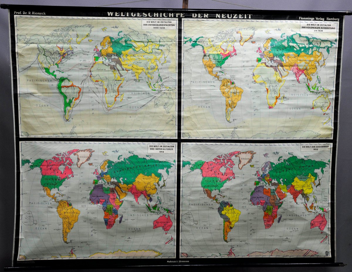 Carte Murale De l'Histoire Du Monde Découvertes Impérialisme Colonisation Présent 1955