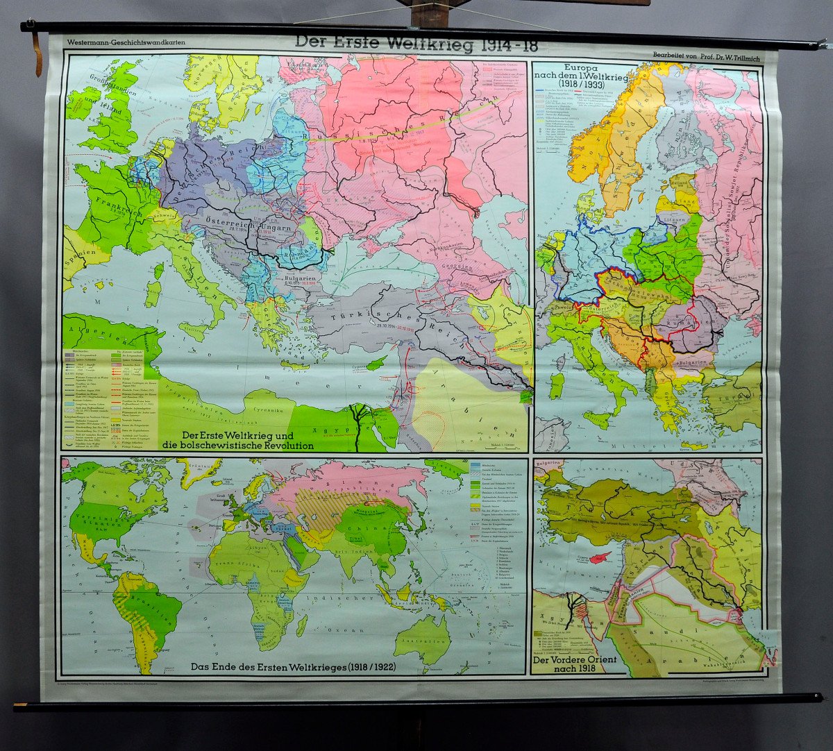 World War I Vintage Historical Wall Map 1914-1918 Europe World Near East