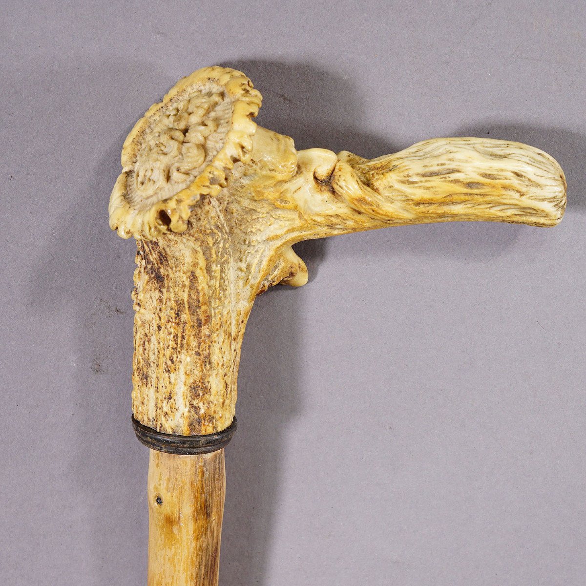 Old Walking Stick With Carved Deer Horn Handle-photo-1