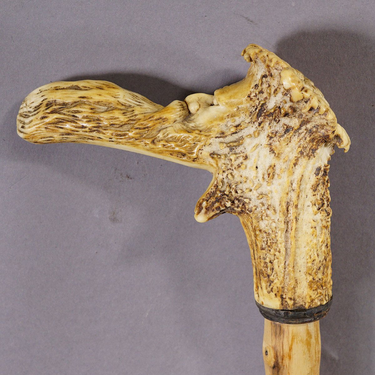 Old Walking Stick With Carved Deer Horn Handle-photo-2