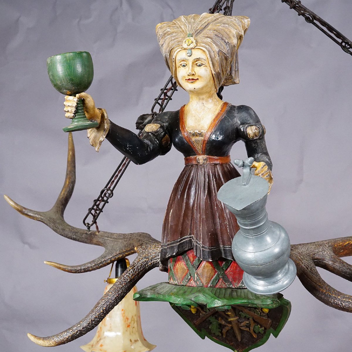 Antique Hand Carved Woman Chandelier Of A Woman Waiting For Wine Circa 1920-photo-3