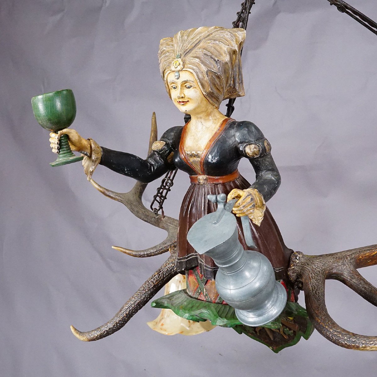 Antique Hand Carved Woman Chandelier Of A Woman Waiting For Wine Circa 1920-photo-4