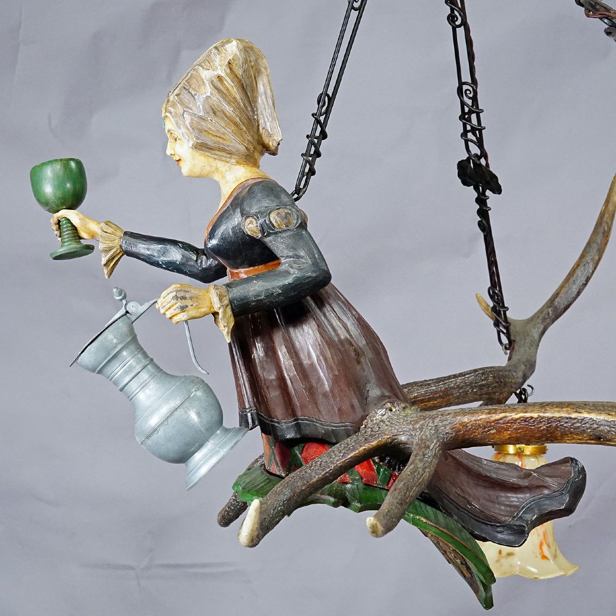 Antique Hand Carved Woman Chandelier Of A Woman Waiting For Wine Circa 1920-photo-4