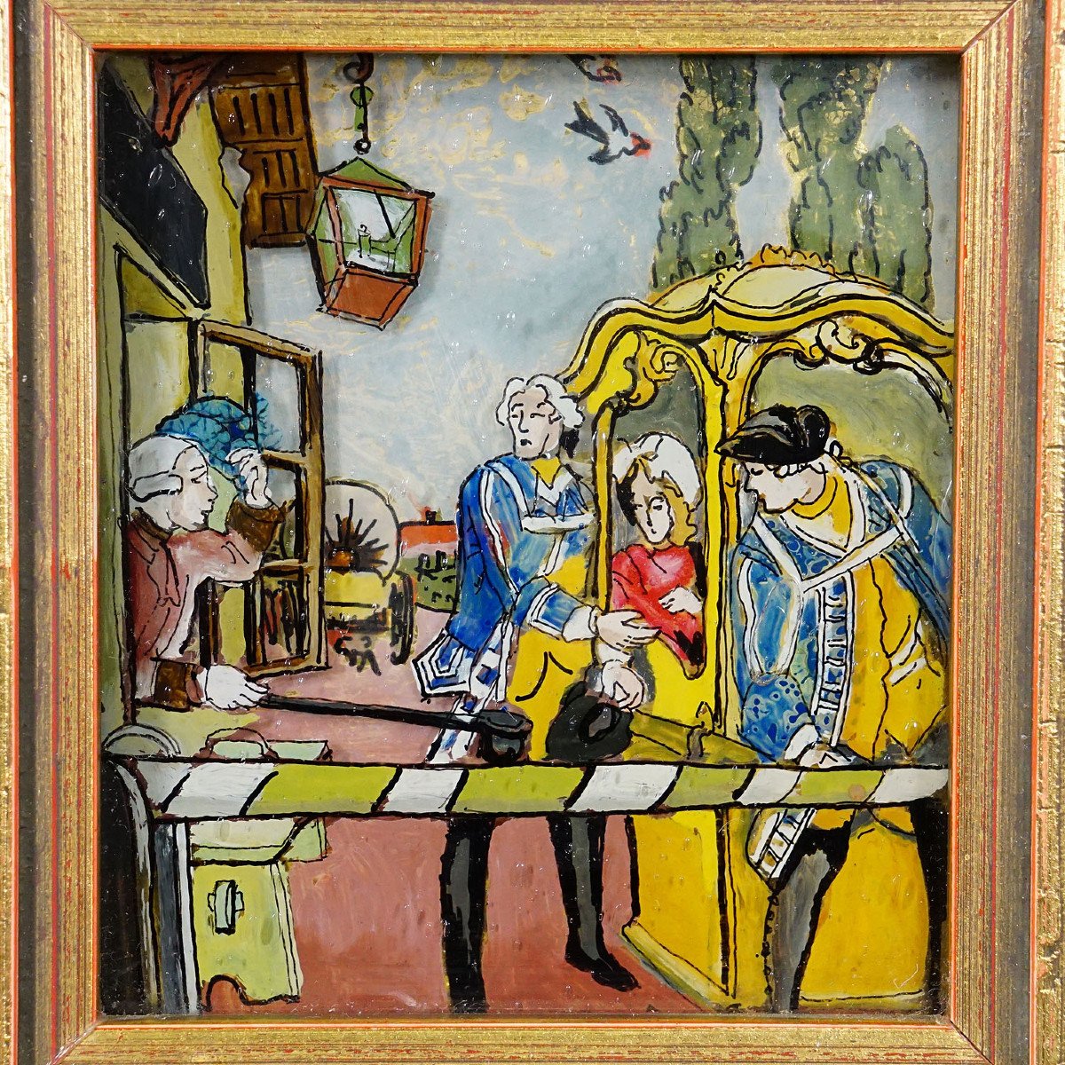 Trois Tableaux Anciens En Verre Représentant Des Scènes De Biedermeier-photo-2