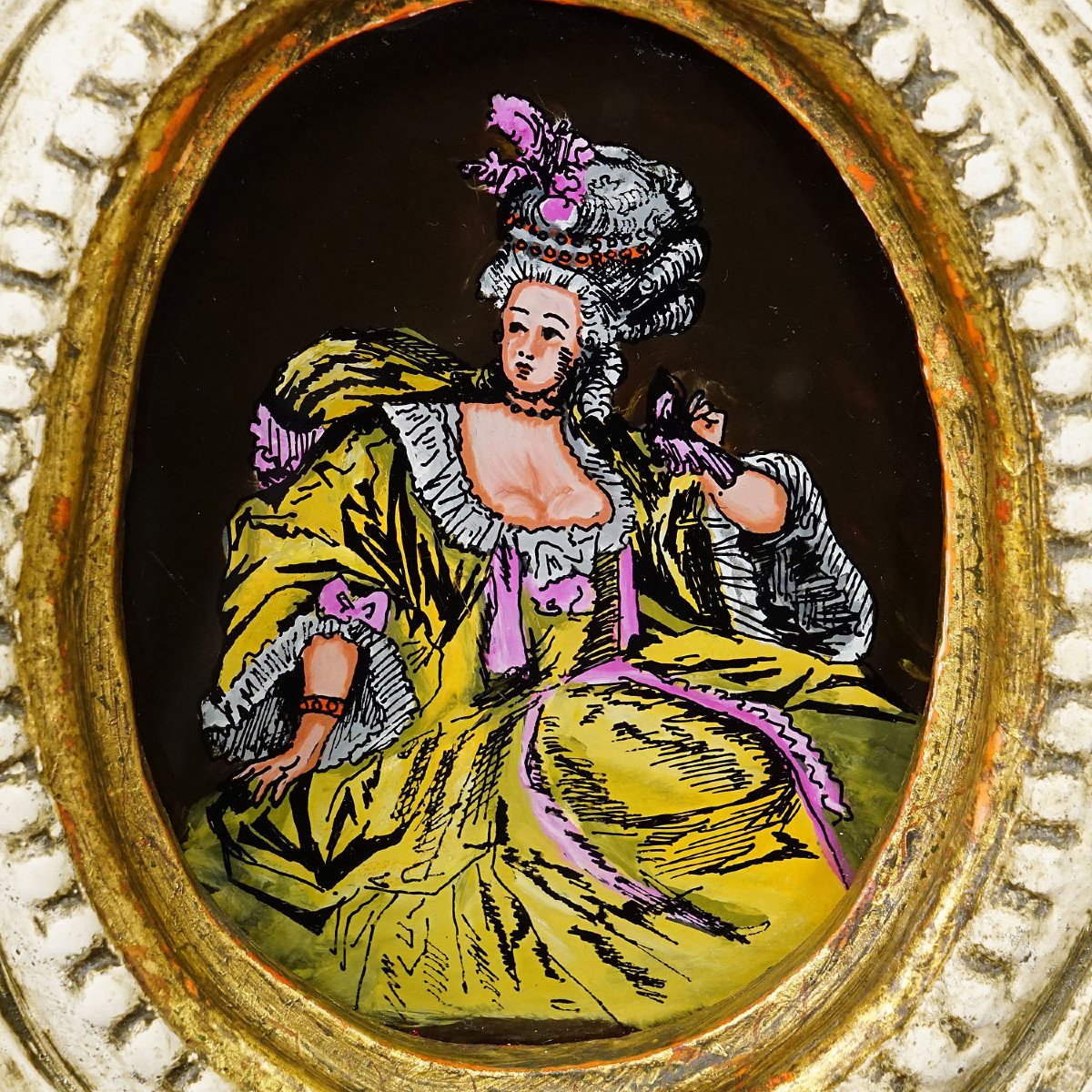 Ensemble De Trois Peintures Anciennes Représentant Des Personnes En Costumes Rococo-photo-3