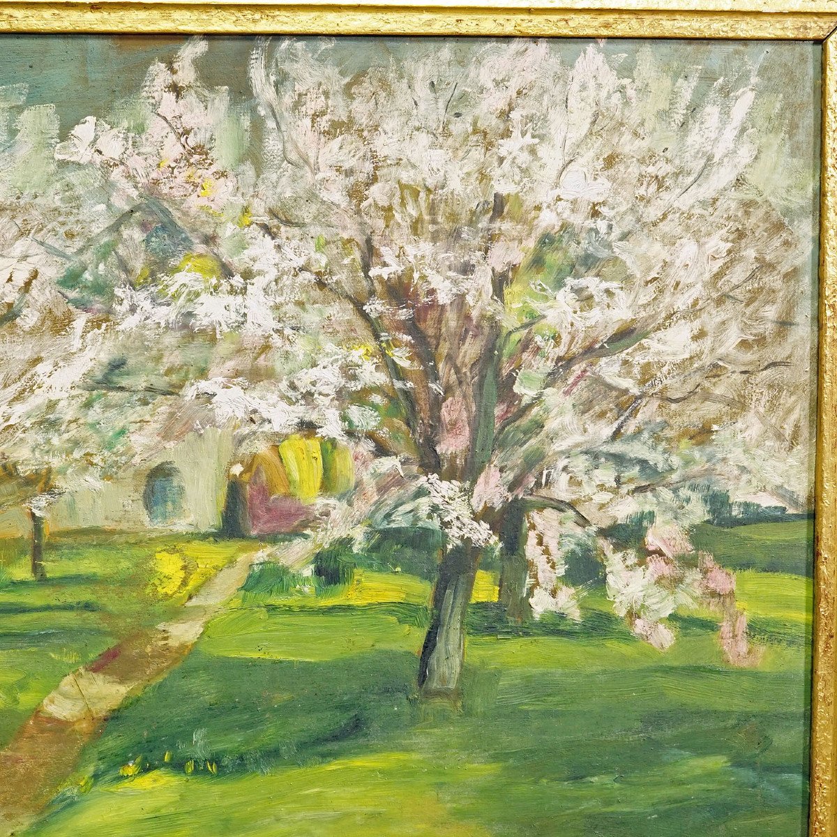 Impressionist Painting Of A Garden With Apple Trees In Bloom-photo-2