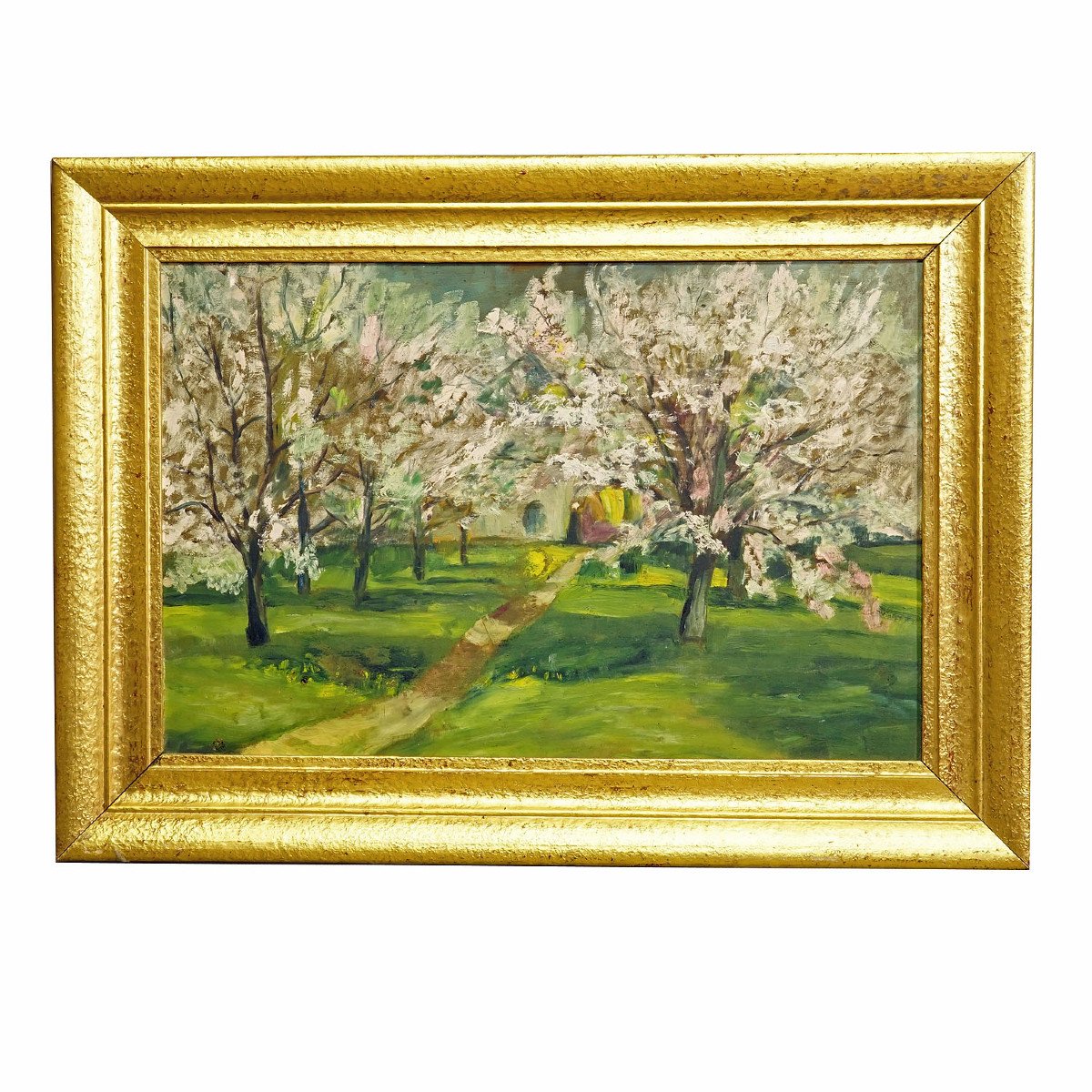 Impressionist Painting Of A Garden With Apple Trees In Bloom