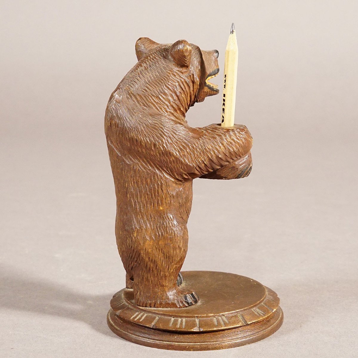 Vintage Wooden Bear Pencil Holder Hand Carved In Brienz Ca. 1930s-photo-3