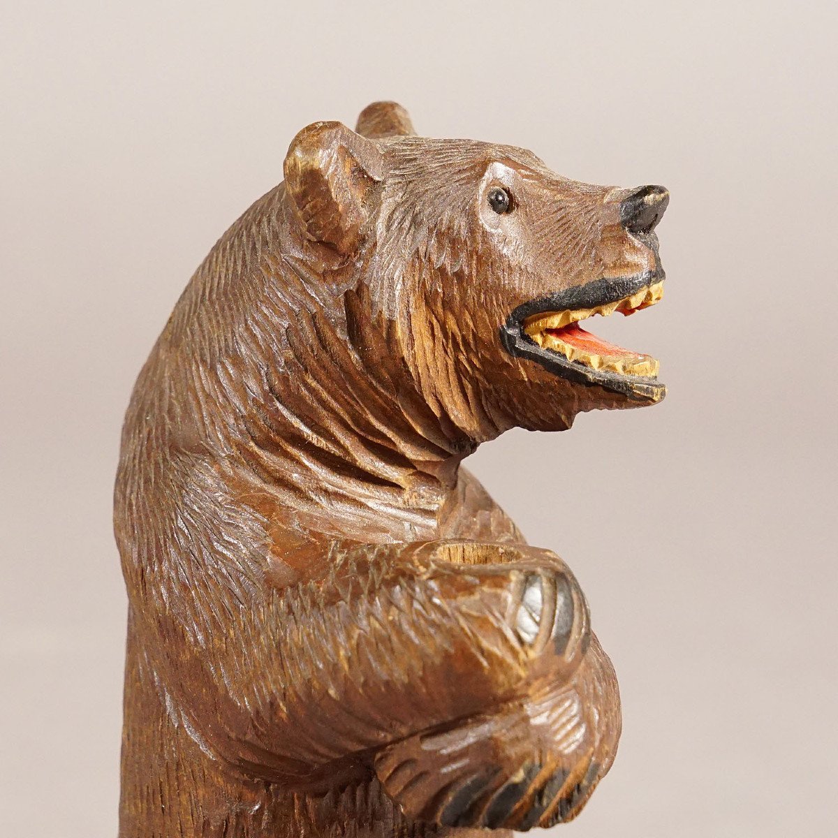 Vintage Wooden Bear Pencil Holder Hand Carved In Brienz Ca. 1930s-photo-2