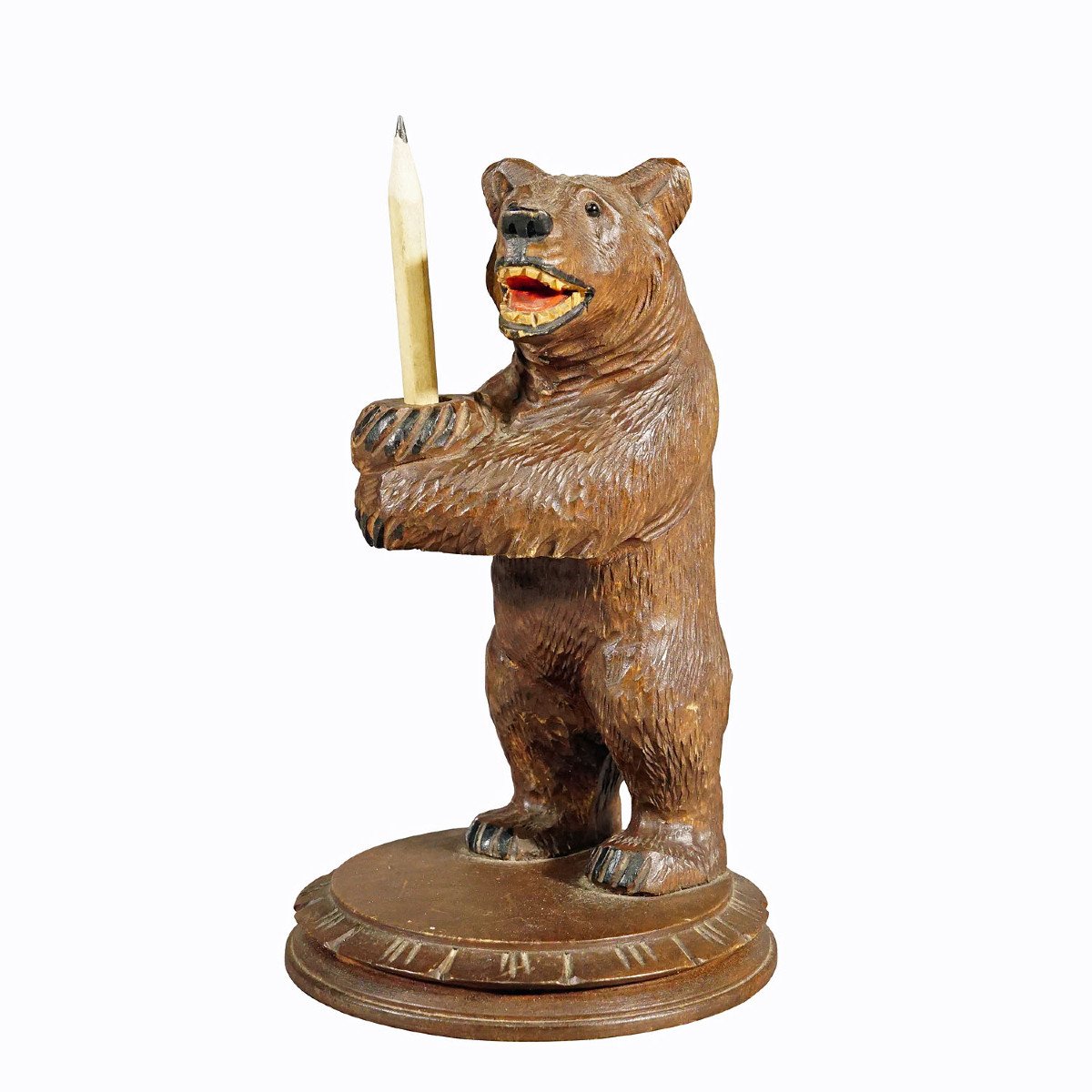 Vintage Wooden Bear Pencil Holder Hand Carved In Brienz Ca. 1930s