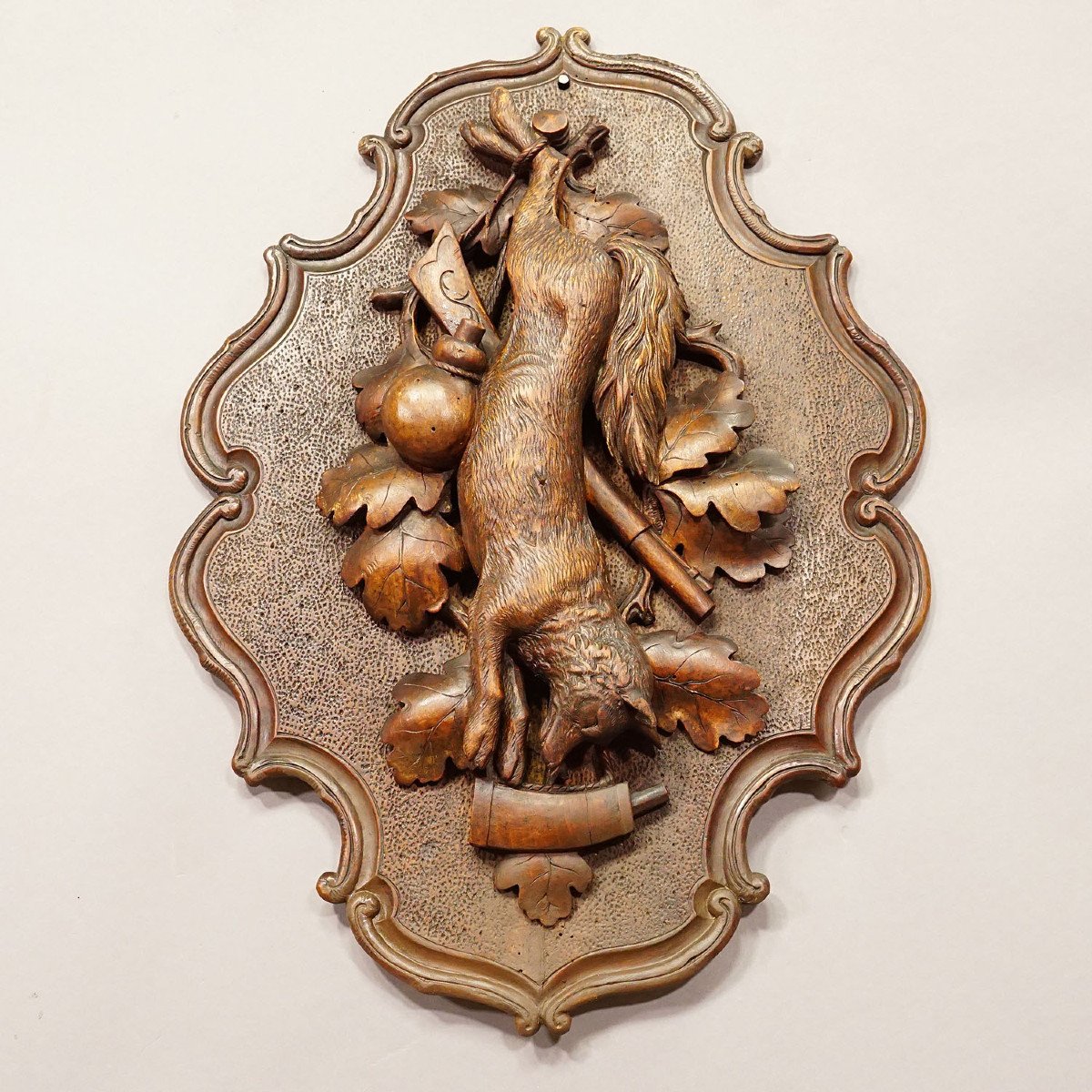 Old Carved Wood Hunting Plate From The Black Forest With Fox-photo-2