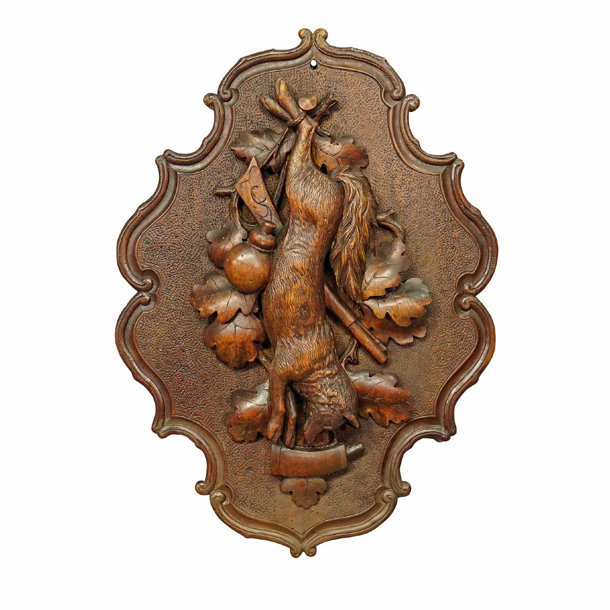 Old Carved Wood Hunting Plate From The Black Forest With Fox