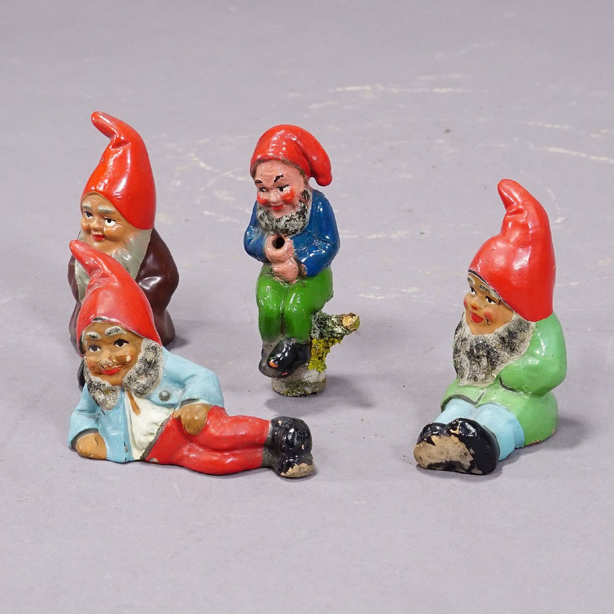 Four Tiny Terracotta Garden Gnomes, Germany Ca. 1950s-photo-3