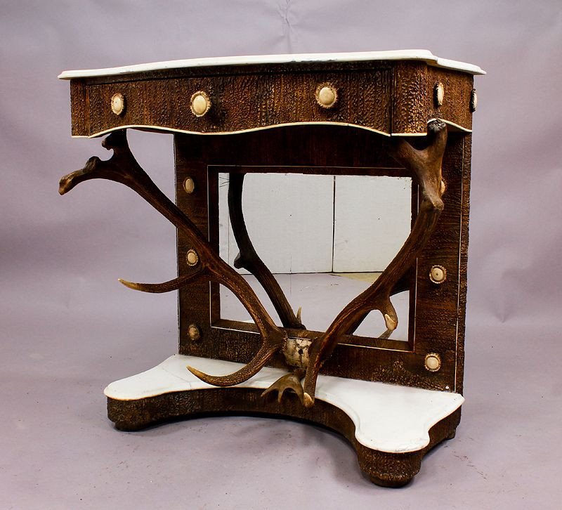 Antique Antler Mirror With Console Table, Austria, Ca. 1860 -photo-3