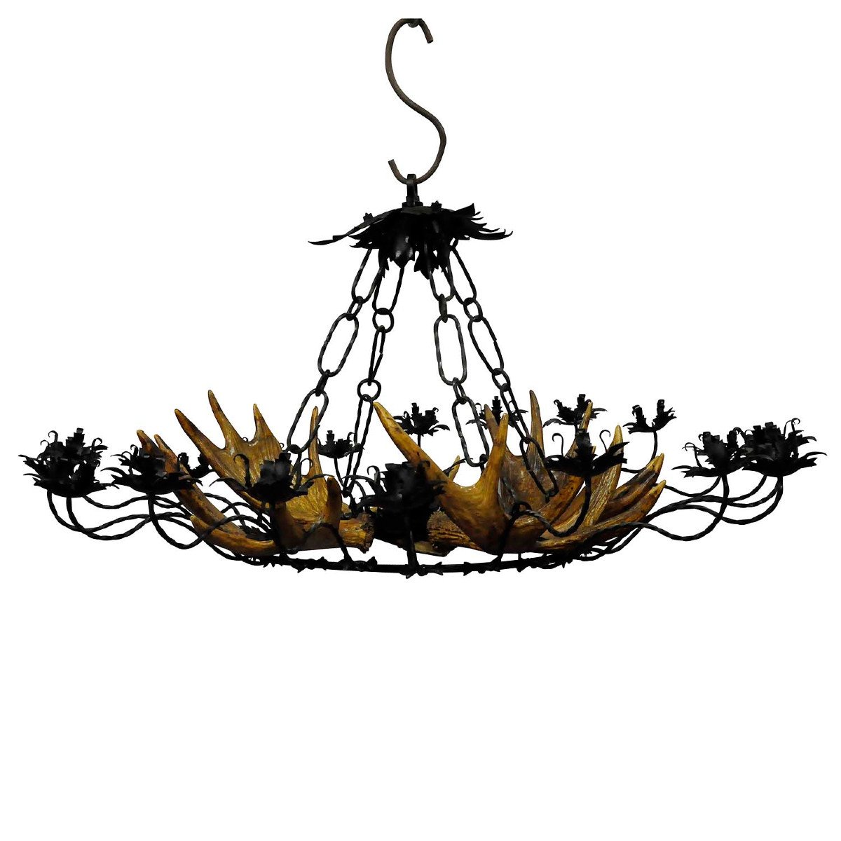 Lustre Vintage En Bois De Cerf Avec Suspension En Fer Forgé 