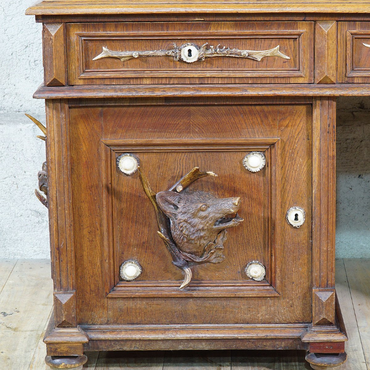 Large Oak Wood Desk With Antler Decorations By Rudolf Brix 1900 -photo-4