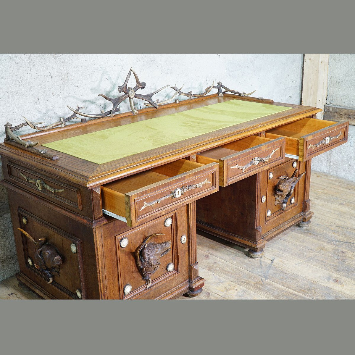 Large Oak Wood Desk With Antler Decorations By Rudolf Brix 1900 -photo-4