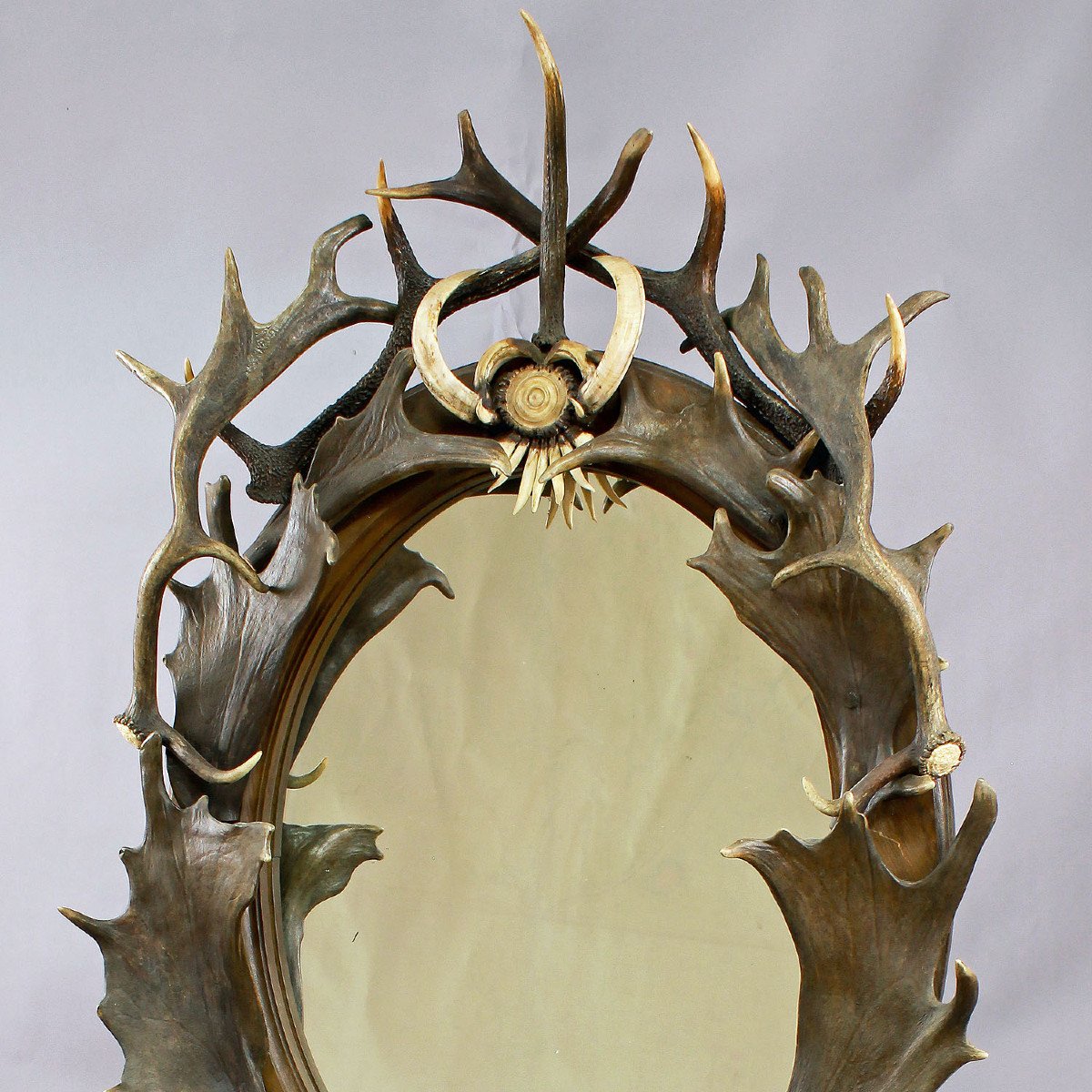 Large Antique Antler Standing Mirror, Germany Ca. 1890-photo-1