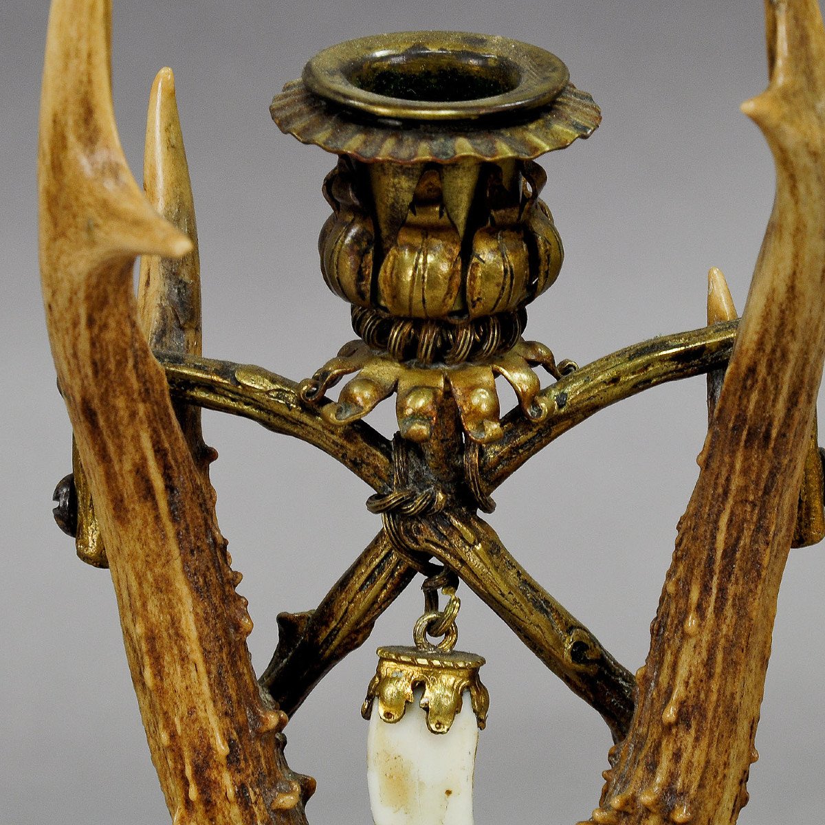 Lodge Style Antler Candleholder With Handforged Brass Base Ca. 1880-photo-2