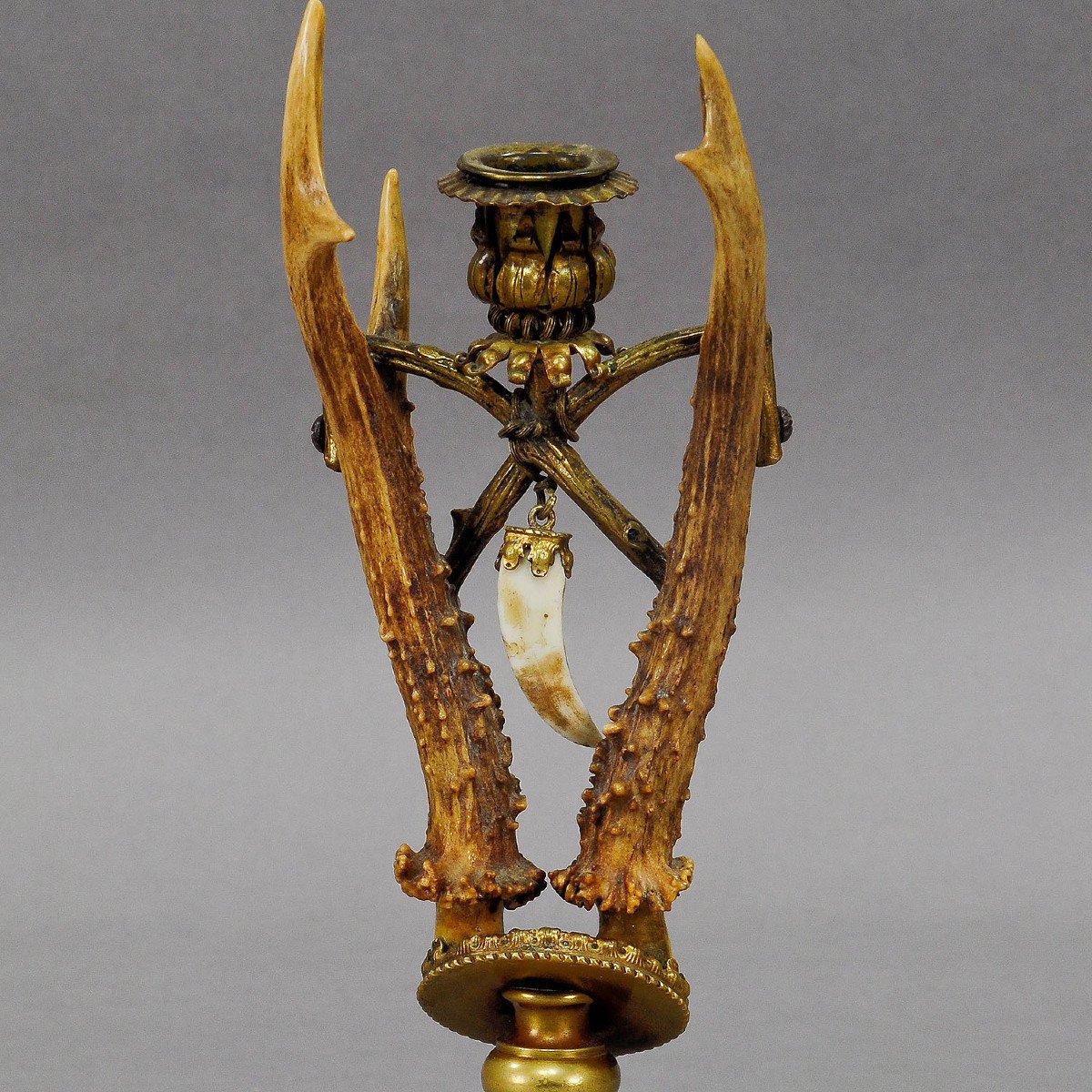 Lodge Style Antler Candleholder With Handforged Brass Base Ca. 1880-photo-3