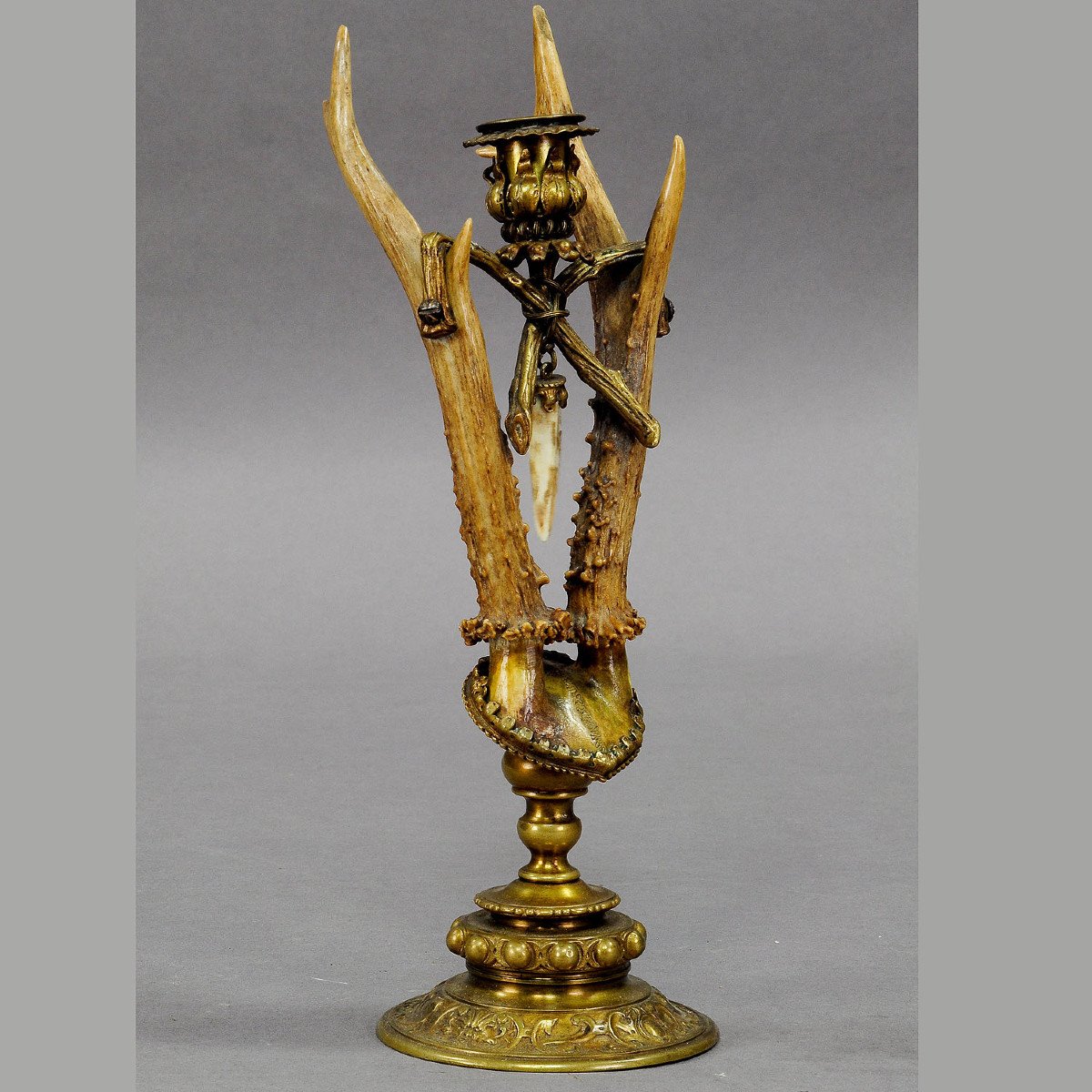 Lodge Style Antler Candleholder With Handforged Brass Base Ca. 1880-photo-4