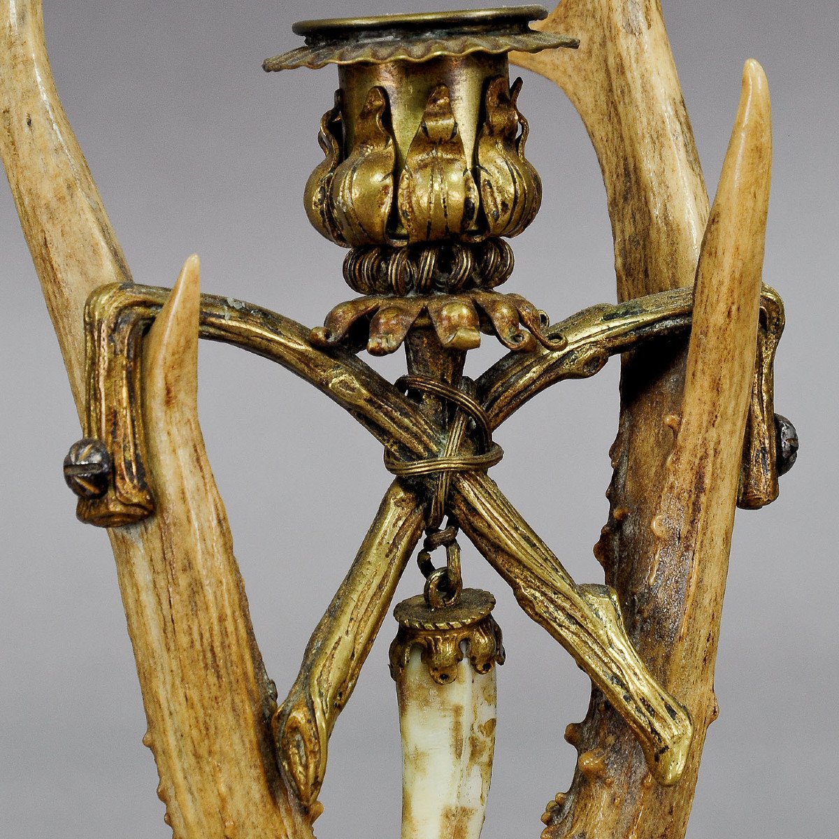 Lodge Style Antler Candleholder With Handforged Brass Base Ca. 1880-photo-2