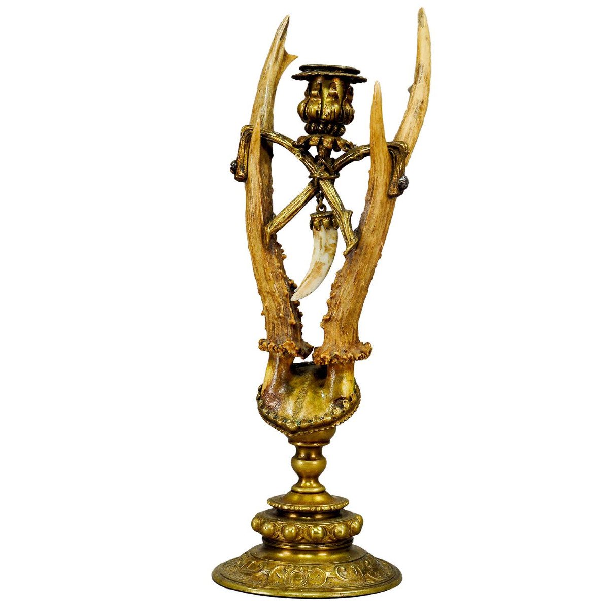 Lodge Style Antler Candleholder With Handforged Brass Base Ca. 1880