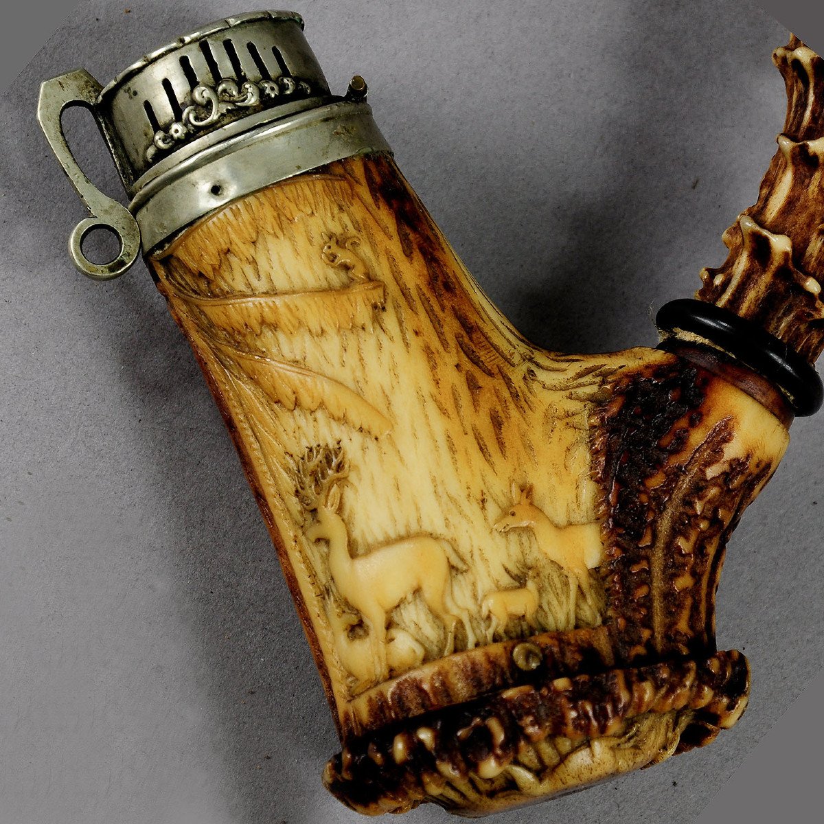 Carved Horn Hunters Pipe 1860 In The Stlye Of Lebrecht Wilhelm Schulz-photo-3